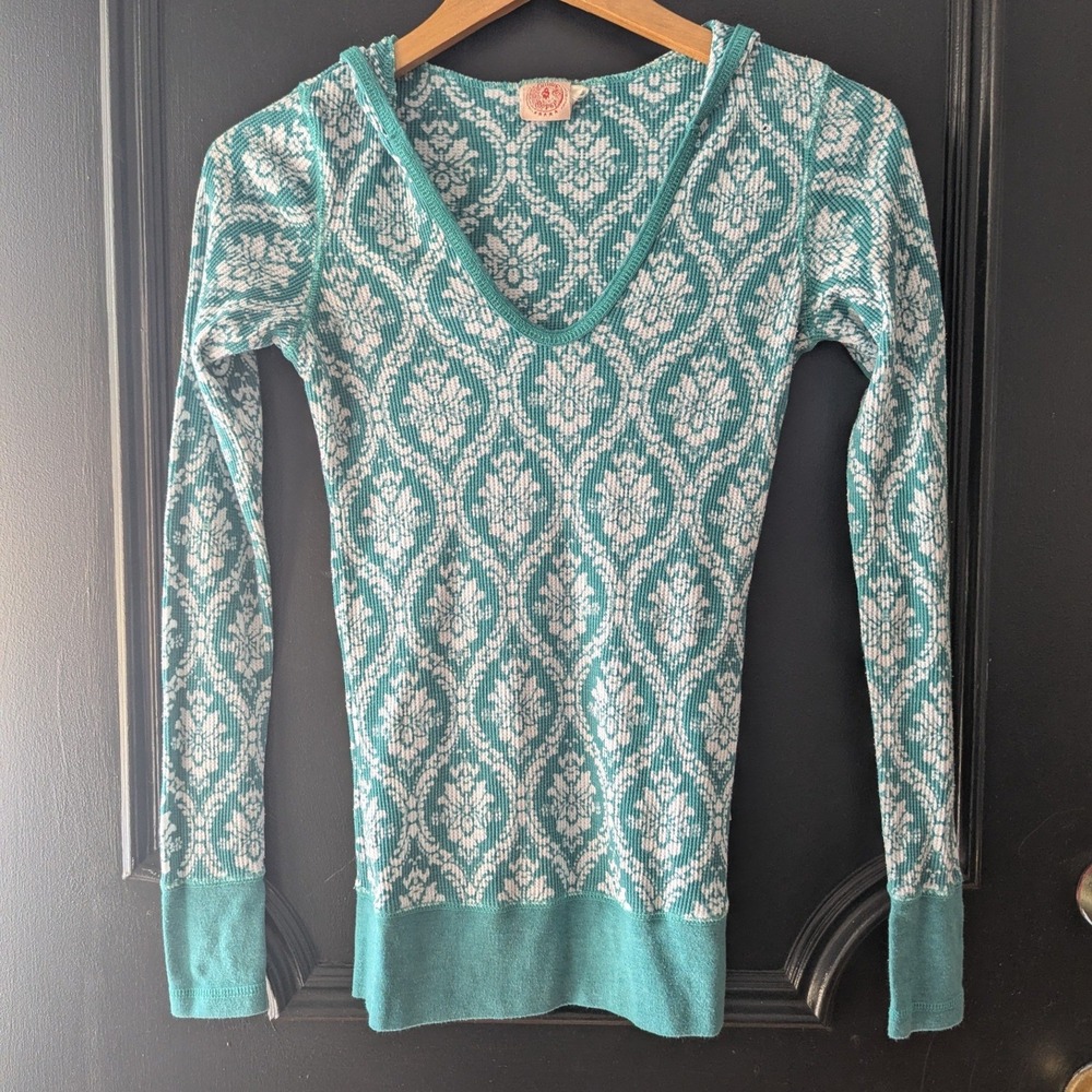 VTG Y2K Curious Gypsy‎ Teal White Geo Print Thermal Hoodie Long Sleeve Top Sz S